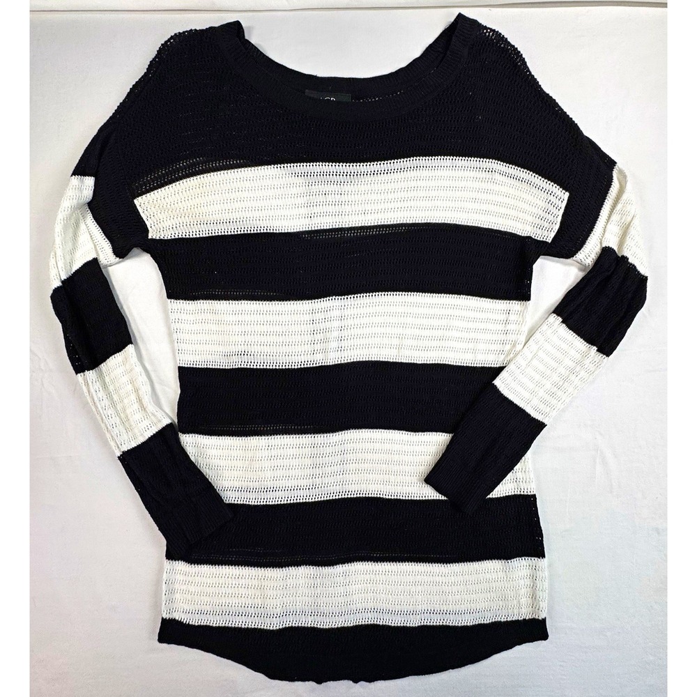 AGB Women's L Black White Striped Open-Knit Button Cardigan Sweater Round Neck